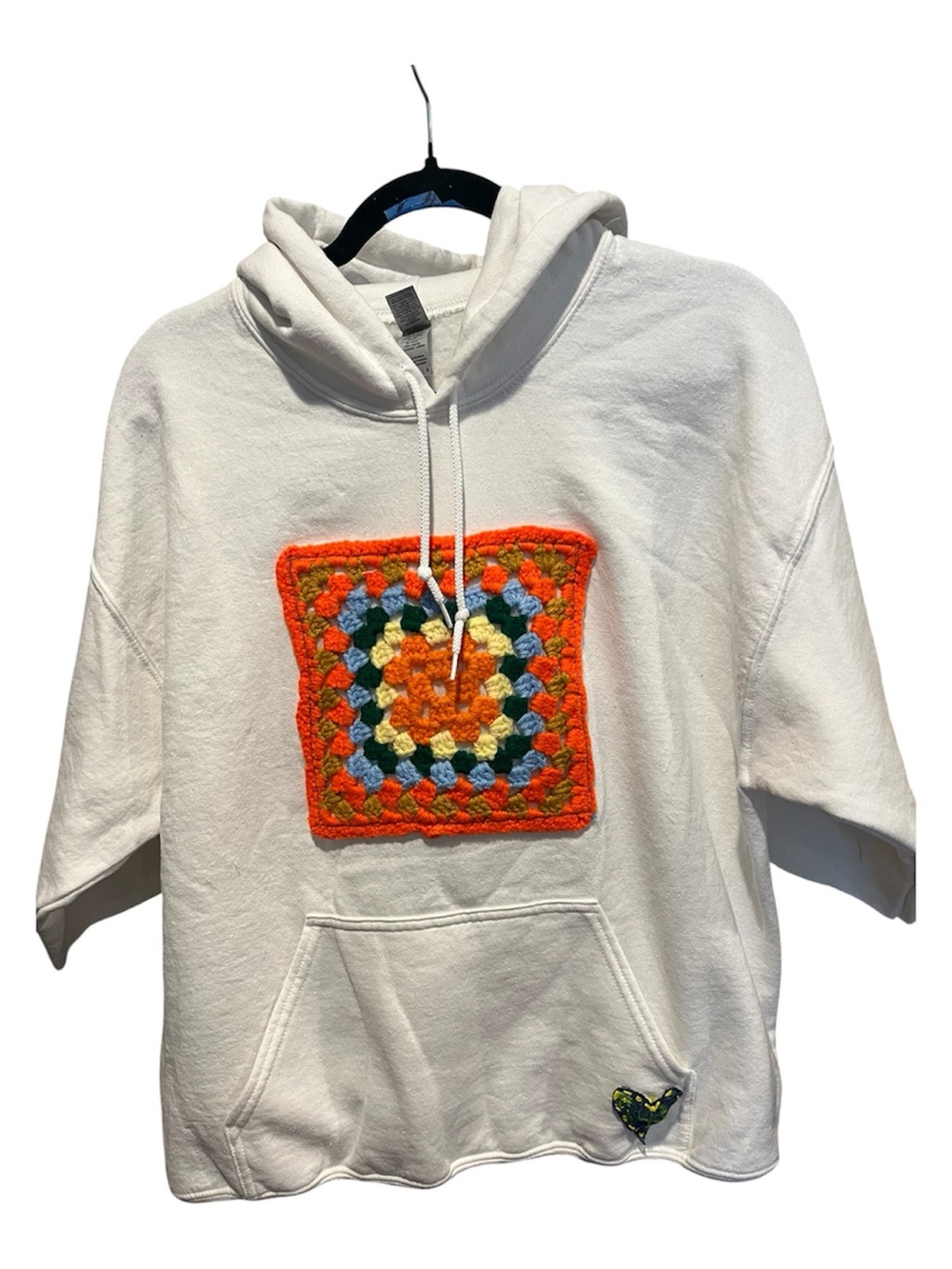 UPCYCLED Women's White Crewneck Hoodie Sweater with Colorful Crochet Square